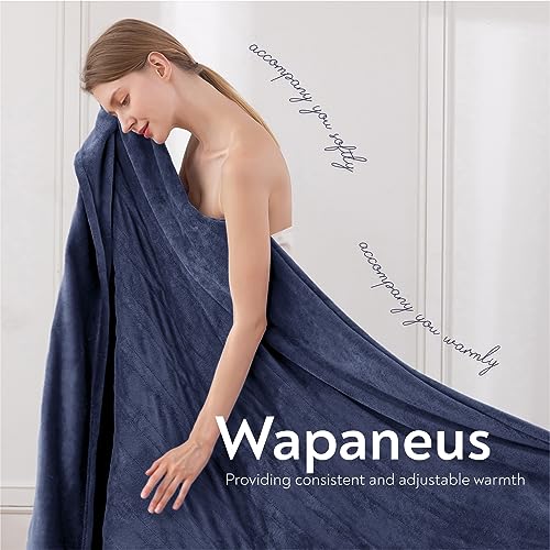 Image of Wapaneus Foot Pocket Heated Blanket Electric Throw with 10 Heating Levels and 4 Timer Settings 4 Hours Auto Shut Off, Flannel Fast-Heating Heated Throw 50 inch x 60 inch, Machine Washable, Dark Blue