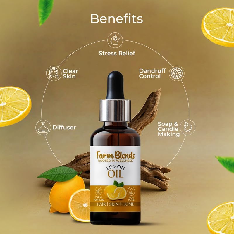 Image of Farm Blends Lemon Essential Oil 100% Undiluted Pure | For Collagen Boost, Anti-Acne, Diffuser | Farm To Home | Natural | Citrus limon|30ML + 30ML (Pack of 2)