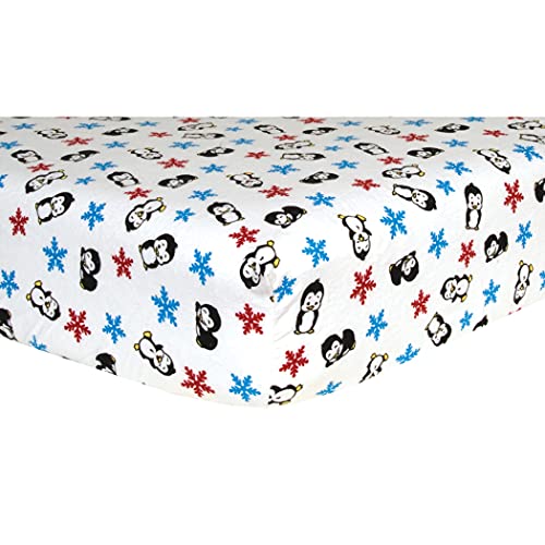 Penguin Deluxe Flannel Fitted Crib Sheet - Penguin Scatter Print Cotton Flannel, Blue, Red, Black and White, Fully Elasticized, 10 in Deep Pockets, Fits Standard Crib Mattress 28 in x 52 in