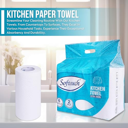Image of Softouch 2 Ply Kitchen Tissue Rolls | 390 Pulls | 65 Kitchen Towels X 6 Rolls | Soft And Highly Absorbent | 100% Natural Virgin Cellulose Fiber