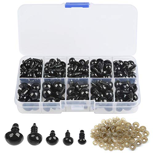OFNMY 180 pcs 6-12mm Black Plastic Safety Eyes with Washers for Doll, Puppet, Plush Animal Making, Teddy Bear