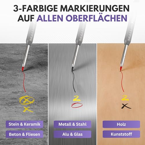 Filzada® 1x Tieflochmarker mit 6 Extraminen - in 3 Farben- Zimmermannsbleistifte mit Köcher/Kappe - Bohrlochmarker - Bleistift Baustelle - Markierstift - Tieflochmarker Bleistift - Markierstifte