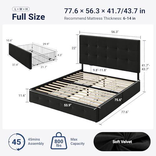 Image of Allewie Upholstered Full Size Platform Bed Frame with 4 Storage Drawers and Adjustable Headboard, Square Button Tufted, Wooden Slats Support, Noise-Free, No Box Spring Needed, Easy Assembly, Black