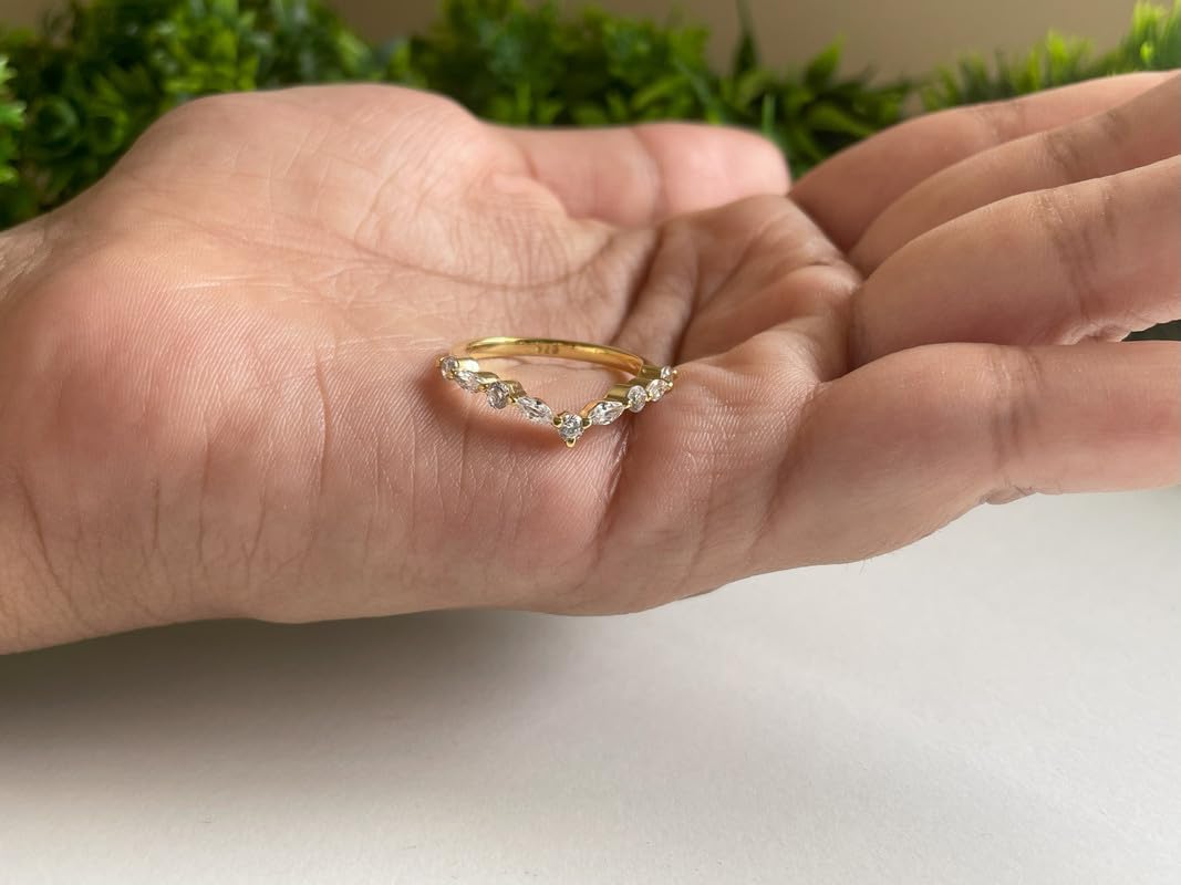 Marquise & Round Cut White Diamond Chevron V Shape Wedding Band For Women, 14K Gold Plated 925 Silver April Birthstone Diamond V Style Anniversary Matching Band