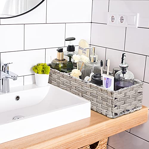 [Larger Compartments] Toilet Tank Topper Paper Basket - Multiuse Hand Woven Plastic Wicker Basket With Divider For Organizing, Rustic Farmhouse Bathroom Decor, Countertop Organizer Storage, Gray Wash #TOP6