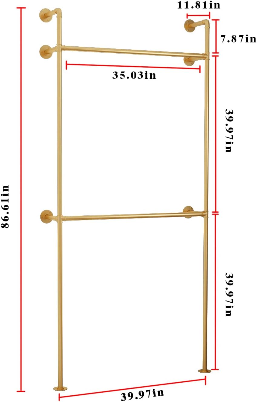 ORSENIGO Industrial Pipe Clothing Rack, Heavy Duty Metal Clothes Rack with Double Rods for Hanging Clothes, Wall Mount Space-Saving Garment Display Rack (Single, Gold)