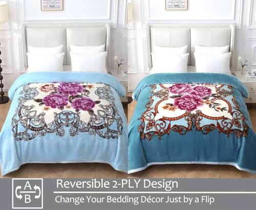 Image of JYK Korean Mink Fleece Blanket King Size 83'' x 91'', 5.7 Pounds - 2 Ply Reversible Silky Soft Plush Warm, Comfy Bed Blanket, Luxurious Blanket for All Seasons - Blue /Purple Peony