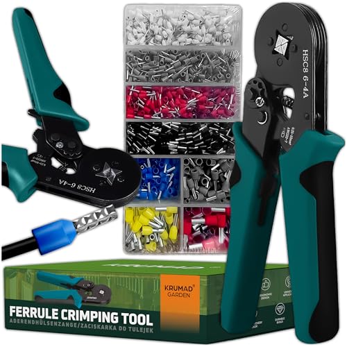 KRUMAD Crimpzange 0,25-10 mm² mit 1800 Aderendhülsen – Crimpzange Set mit ergonomischem Griff, Vierkantpressung & Präzisionsmechanik – Profi Werkzeug für Kabelschuhe & Elektroinstallation