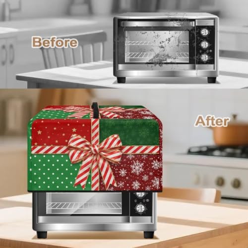 Image of Countertop Oven Cover Christmas Holiday Party Decorative Small Kitchen Appliance Protector for Countertop Decor, S, 18.25 x 14.5 x 11 Inches, Christmas Bow Green Red