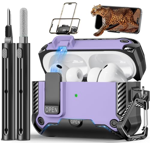 Image of for AirPods Pro 3 Case with Phone Stand,(Automatic Snap Switch Lock) Carbon Fiber Texture Design Cover with Cleaner Kit -Purple