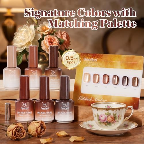 Image of Beetles Brown Cat Eye Gel Nail Polish Set - Gilded Amber 6 Colors 15ML Full Size Glitter Gel Polish Kit Glass Cat Eye Magnetic Effect Soak Off UV Nail Art Salon DIY at Home Fall Winter Nails