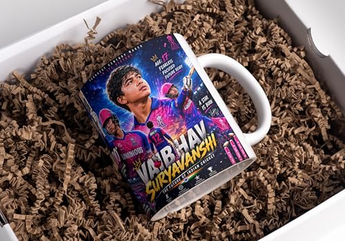 Image of Cricket Theme Coffee Mug IPL Edition - Stylish Helicopter Shot Print Cup - Gift for Cricket Fans, Boys & Friends (Vaibhav Suryanshi-1, Large)
