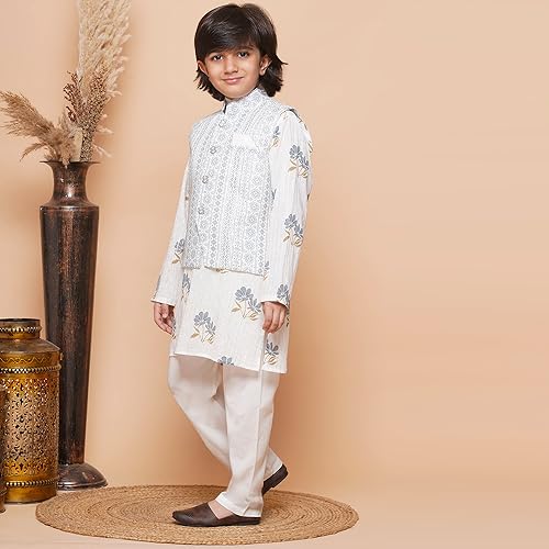 Image of AJ DEZINES Kids Ethnic Wear Cotton Printed Kurta Pajama Set For Boys With Nehru Waist Coat Jacket
