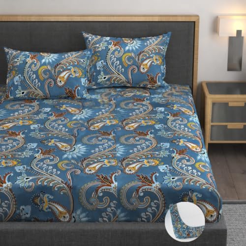Image of Vaini Premium Heavy Cotton Elastic Fitted Bedsheets with 2 King Size Pillow Covers || Double Bed with All Around Elastic 350 (Blue Jaipuri, 72x72 Inch King Fitted)