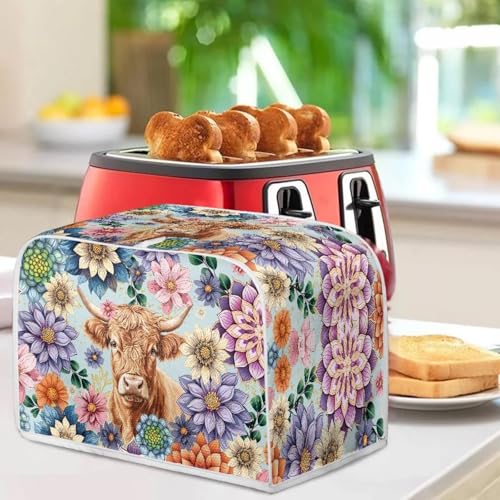 Image of 4 Slice Toaster Dust Cover with Top Hook Kitchen Small Appliance Bread Toaster Oven Dustproof Cover Kitchen Bakeware Protector Boho Floral Highland Cow