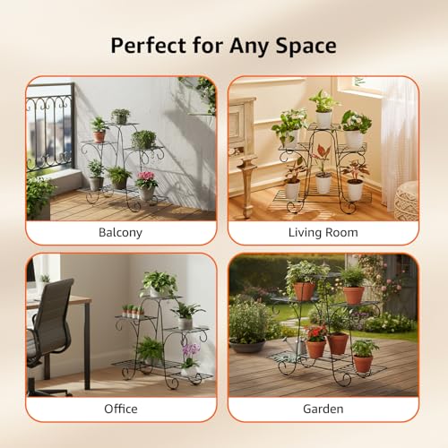 Image of Amazon Basics Metal Planter Stand for Living Room, Indoor Outdoor Plant Stand for Balcony and Home Decor, Holds 6 Planters, Black