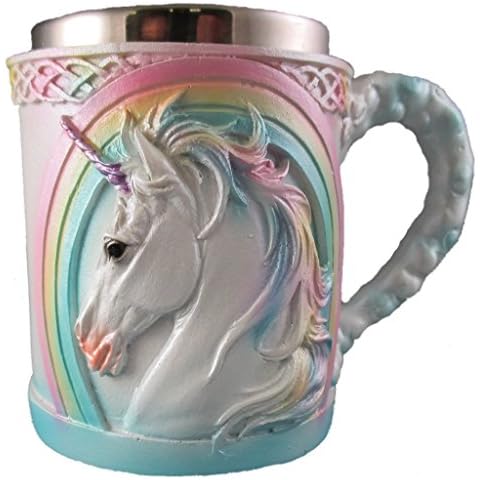 Rainbow Unicorn Coffee Mug, Cute Mythical Tea Cup, Magical Stainless Steel Fantasy Drinking Glass, Medieval Celtic Knot Design Cover