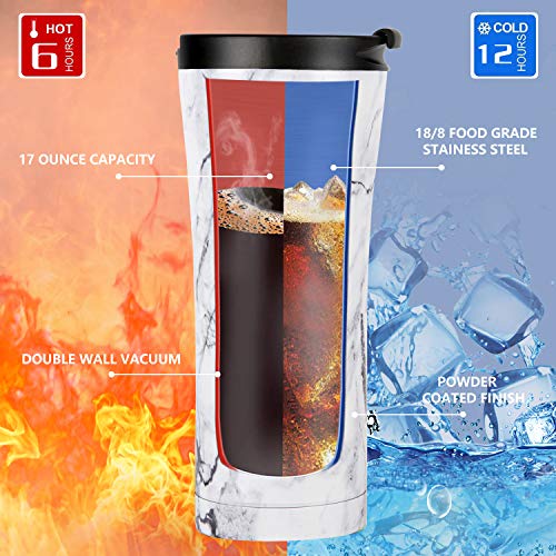 17 Oz. Tumbler Double Wall Stainless Steel Vacuum Insulated Coffee Cup With Leak-Proof Lid, 2 Metal Straws And Brush, Travel Mug For Home Office School (Marble) #TOP1