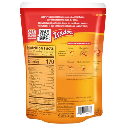 Isadora Mayocoba Refried Beans in Pouch (Pack of 8), Delicious Peruano Refried Pinto Beans, Microwave Food Premade Meals, Plant Based Protein,15.2 oz - Image 3