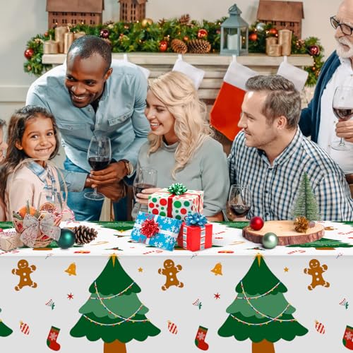 Image of Hxezoc Disposable Plastic Christmas Tree Tablecloth, 54 x 108 Inches Christmas Party Table Cover for Xmas Winter Holiday New Year Home Dinner Decorations