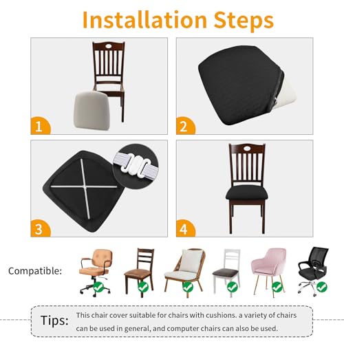 Image of YISUN Stretch Chair Seat Covers, Dining Room Chair Seat Covers, Removable Washable Kitchen Seat Covers Protectors Cushion Slipcovers (4, Black)