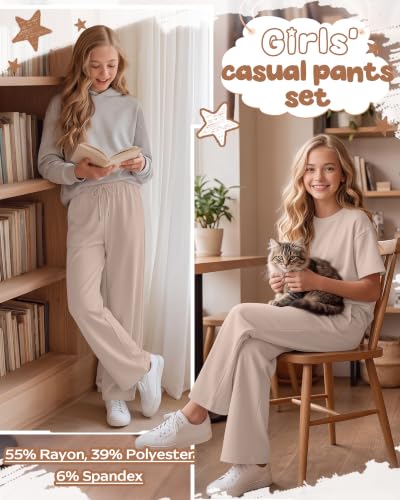Image of Girls' 2 Piece Outfit Sets | Short Sleeve Shirts, Wide Leg Drawstring Pants with Pockets, Summer Matching Sweatsuit for 5-14y, Teen Back to School Clothes