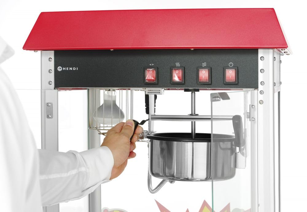 HENDI Popcornmaschine, mit Schaufel, Heizpfanne mit Rührwerk, beleuchteter Innenraum, Popcorn Maker, Warmhaltevitrine, 230V/1155W, 560x420x(H)760mm, Edelstahl, Aluminium, Glas, rot