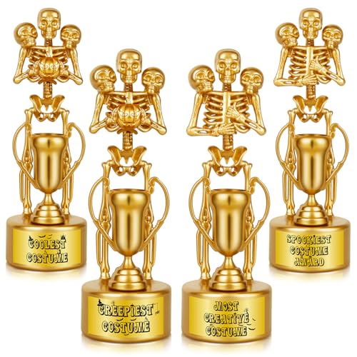 AORZIT Halloween Trophy Awards 4 Pack Gold Best Costume Skeleton Trophies for Halloween Medals Party Favor Prizes Trick or Treat Costume Contest School Classroom Rewards