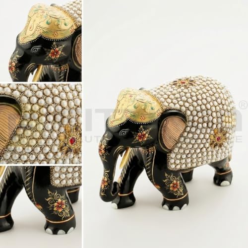 Image of EL04 Black Temple Elephant Idol Pair 6x4x7.5 Inch | Heavy Teak Wood Multicolor Painted Elephant with Stick-On Stone Work for Home Mandir, Pooja & Living Room Decor, Premium Gift - Pack of 1