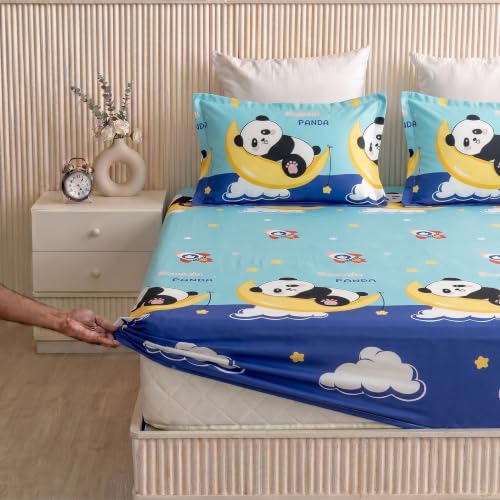 Image of Filymore Elastic Fitted Double Bedsheet with 2 Pillow Covers | 240 TC Soft Microfiber Elastic Fitted Bed Sheet for Double Bed (72 inch x 72 inch Inch Mattress) | Cloud Panda Black and Blue