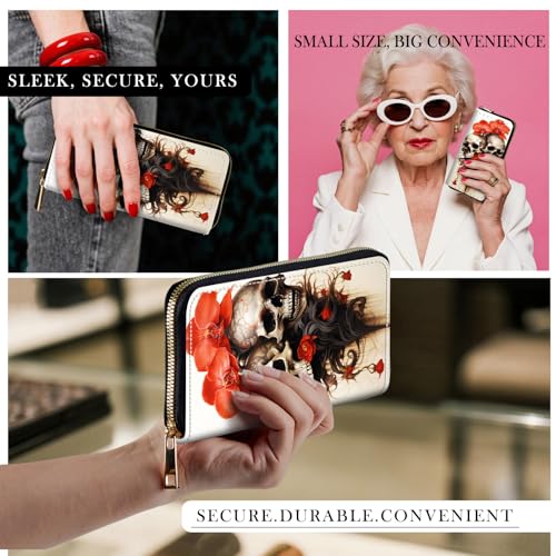 RFID-Blocking Zip Around Wallets for Women with Detachable Wrist Strap,Large Capacity Phone Holder with Card Organizer & Coin Pocket,Skull Red Flower4