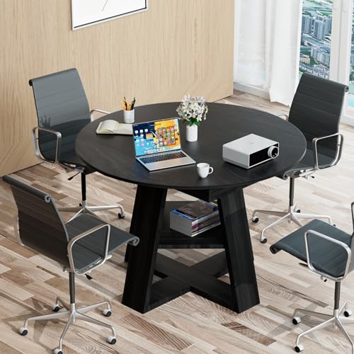 43.3in-59in Extendable Round Conference Table for 4-6 People,Wooden Oval Meeting Room Table with Removable Leaves,Space Saving,Office Table with Storage Shelf for for Office Conference Room - Thumbnail 7