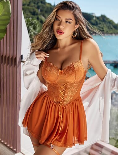 Image of Avidlove Women Lace Mesh Babydoll Lingerie Set with Garter Belt | 4 piece set, includes thong & garter belt, lace corset bodice, adjustable straps, S-4XL