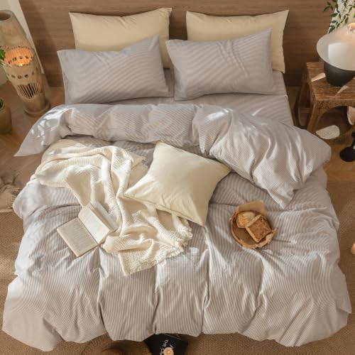 Image of MooMee Striped Duvet Cover Set 100% Washed Cotton Linen Like King | Relaxed Linen-like Texture. Soft, Breathable & Long-lasting Comfort. Lightweight. Hidden Zipper with 8 Interior Corner Ties