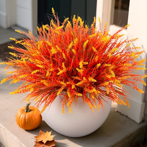 Artificial Fall Outdoor Faux Plants Decoration, 12 Bundles Fake Monkey Grass for Autumn Indoor Decor, Fall Lavender Flower Shrubs UV Resistant Bush Planter No Fade for Garden Porch Balcony(Mix)
