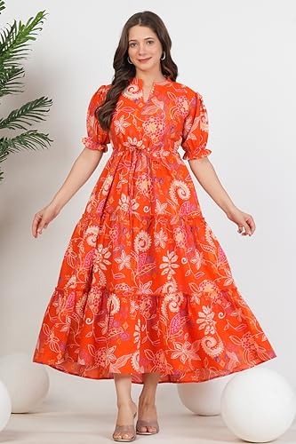 Image of Monique Brand Women's /Girls Cotton Kurta for Women Floral Printed Regular Fit Anarkali Kurta ||Floral Flared Western Dress