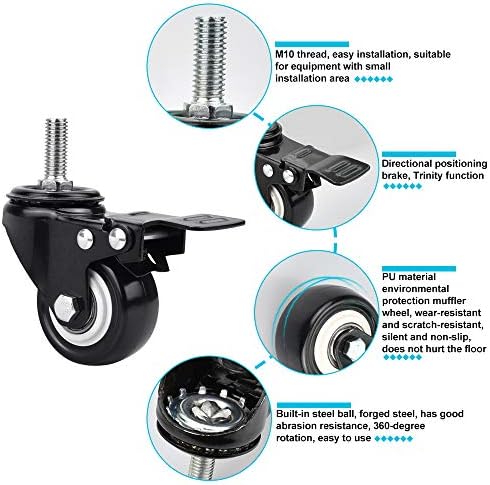 EMAGEREN 4Pcs Stem Casters 50mm Castor Wheels Heavy Duty Swivel Caster Wheels PU Wheels Furniture Wheels Caster with Brakes Replacement for Industrial Trailer/Home Furniture/Table Cabinet,4x M10 Nuts