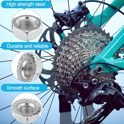 Syocsek 24PCS Bike Nuts and Safety Washers, M8 M9.5 M10 Bicycle Axle Nuts Kit, 3 Sizes Bike Wheel Nuts Washers Black Silver, Bike Hub Nuts for Front Rear Wheel of City Road Mountain Bike (Upgraded)