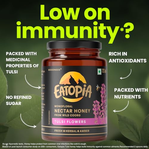 Image of Eatopia Tulsi Honey 1 kg | Natural Ayurvedic Immunity Booster | Helps in Curing Cough & Cold | No Refined Sugar | 100% Natural & Pure Honey | Rich in Antioxidants | Monofloral Nectar Honey from Wild Coorg | Pack of 2 with 500g Serving each