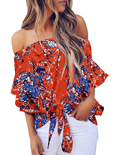 USUASID Women's Striped Off The Shoulder Tops 3/4 Bell Sleeve Tie Knot Casual Blouse Shirts