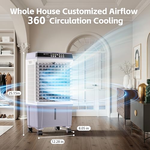 Image of AKIRES 1500CFM Swamp Cooler,Evaporative Air Cooler with 4.7 Gal Water Tank,6 Ice Packs,Evaporative Cooler with 12H Timer,120Oscillation, Windowless Portable Air Conditioners for Indoor,Outdoor