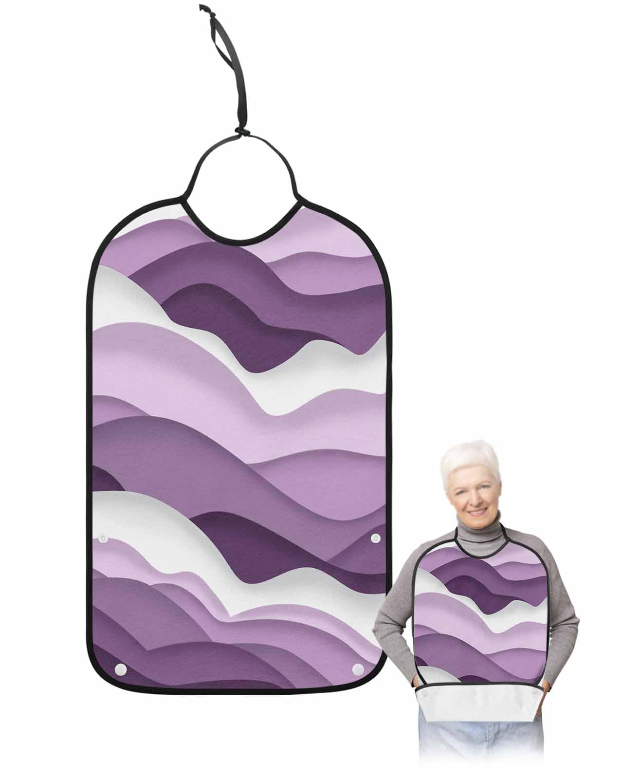 LEOKOTI Purple Ombre Adult Bibs for Eating, Waterproof Bibs with Food Catcher & Adjustable Snap Closure, Modern Geometric Moire Abstract Art Washable Clothing Protectors Adult Bibs for Elderly