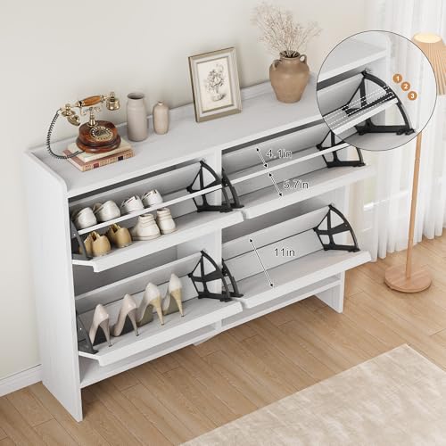 GarveeHome Shoe Cabinet with 4 Flip Drawers, Wooden Shoe Organizer Cabinet with Adjustable Shelf, Shoe Storage for Entryway, Hidden Shoe Cabinet for Hallway, Living Room, White