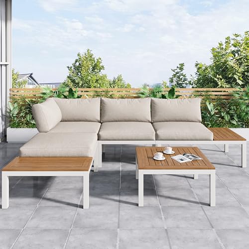 Merax Gartenmöbel Set 4-Personen, Lounge Sitzgruppe Outdoor mit Tisch, Ecksofa-Set aus verzinktem Eisen & Massivholz, für Garten Balkon Terrasse, inkl. Kissen, wetterfest Gartenlounge Set, Beige