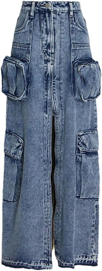 Women's High Waist Button Skirt Solid Patchwork Split A-Line Skirts with Pockets