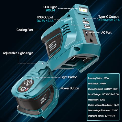Image of Ecarke 200W Portable Power Inverter Compatible with Makita 18V Battery, DC 18V to AC 110V Power Station with 1 AC Outlet, 2 USB, 1 Type-C & LED Light, for Outdoor Emergency Use (No Battery)