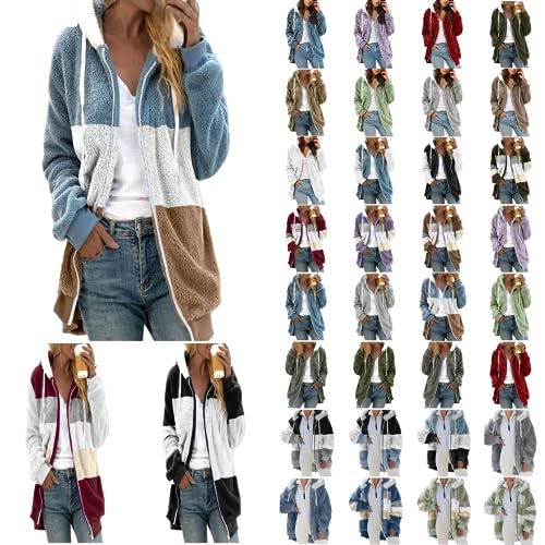 Bluelucon-Damen-Winterjacke-Grosse-GroeSsen-Casual-Einfarbig-Composite-Fuzzy-Fleece-ReissVerschluss-Kapuze-Mit-Taschen-Hoodie-Oversize-Strickjacke-Warme-Mantel-uebergangsjacke