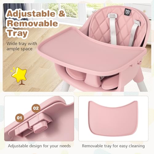 Image of BABY JOY High Chair, 5 in 1 Convertible Highchair for Babies & Toddlers | Booster Seat | Table and Chair Set | Infant Feeding Chair with Removable Tray, Safety Harness, Removable Cushion (Pink)
