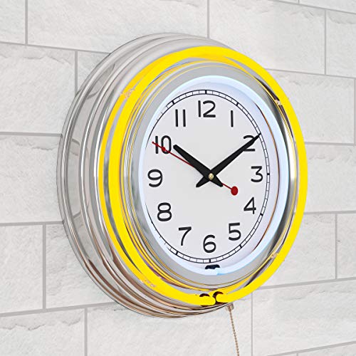 Trademark Gameroom Neon Wall Clock - 14 Inch Round Double Light Ring Dual Power Analog Quartz Timepiece- Retro Dcor for Bar Garage & Game Room (Yellow)