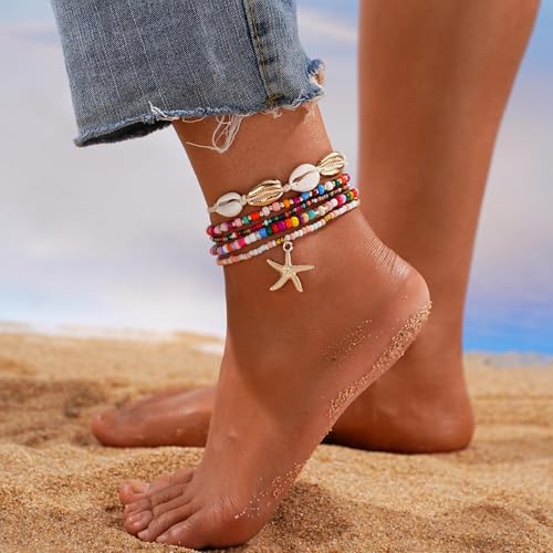 Image of Boho Shell Ankle Bracelet Set for Women, 5 Pairs 14K Boho Bead Handmade Adjustable Anklet, Hawaiian Beach Seashell Starfish Foot Jewelry Gifts